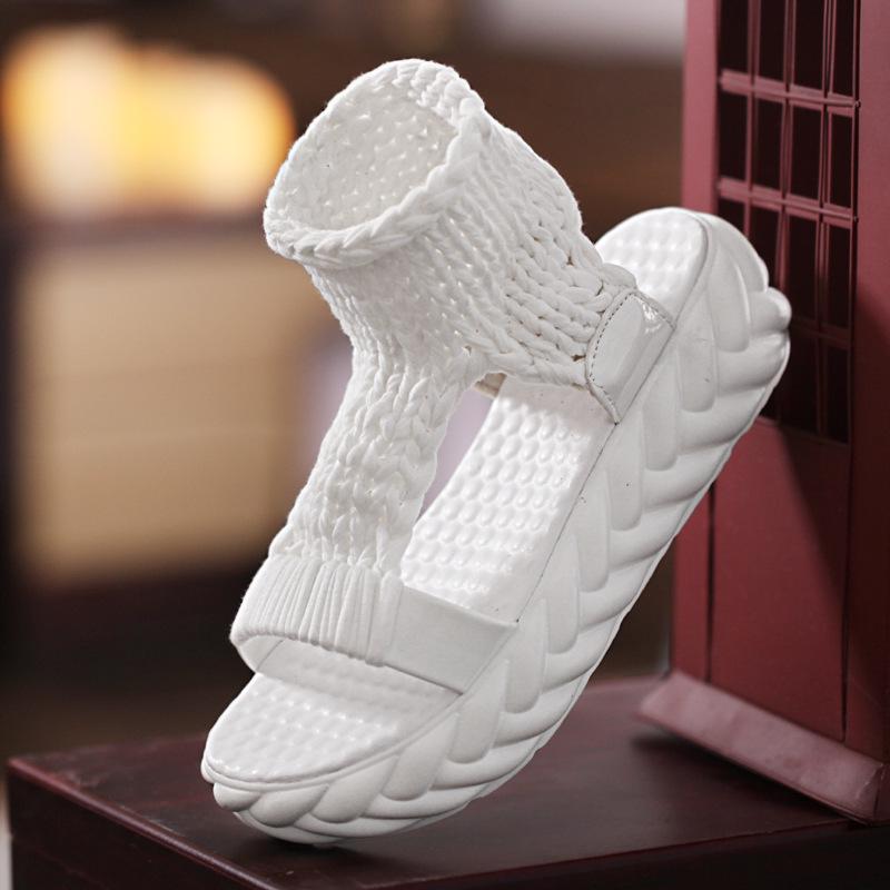 20 Types of Sweat-absorbing Muffin Wool Foot Cover Open-toed Women's Shoes, New Summer Hong Kong-style Sandals, Mid-heel Flat Bottom