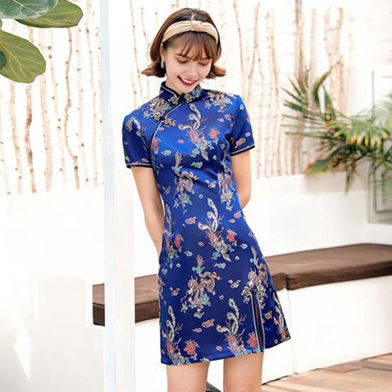 Damen Sommer Cheongsam Stehkragen Drache Phönix Print Geteilter Saum Qipao Slim Fit Retro Chinesischer Stil Über Knie Länge Hochzeit Party Cocktailkleid