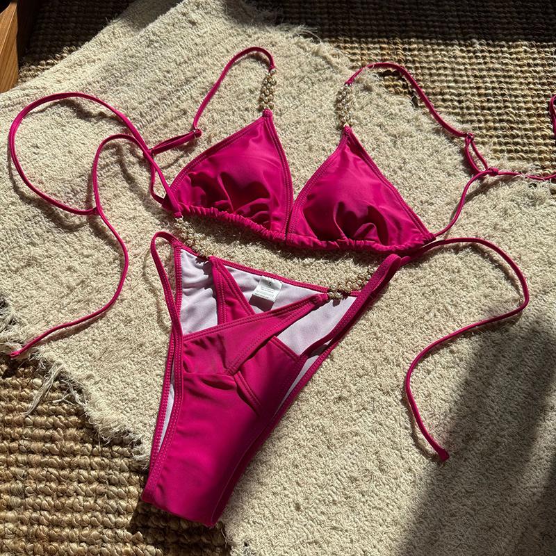 

Женский купальник Новый однотонный креативный сшивной с аксессуарами в виде жемчужных цветов Сексуальный раздельный купальник Тонг Бикини Купальный костюм L розовый