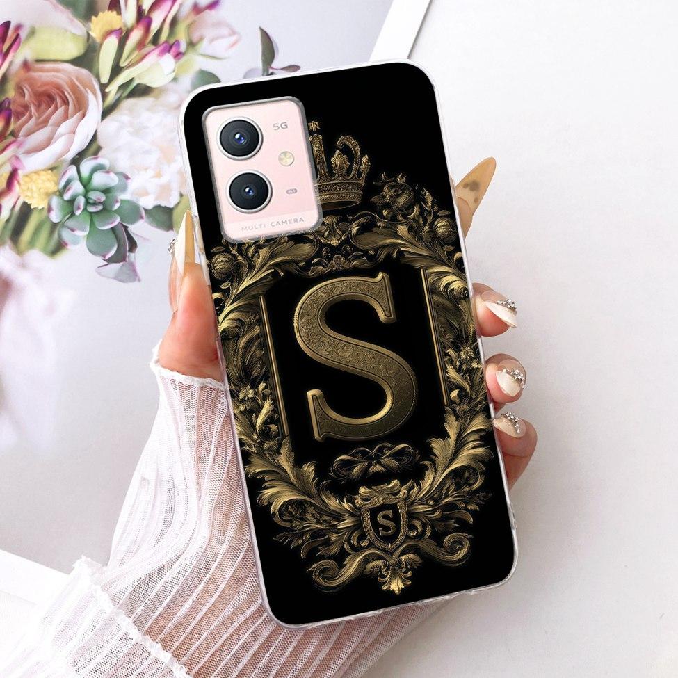 For Vivo Y33s 5G Case Cover Transparent Luxury Crown A-Z Letters 2D Flat Pattern Soft Phone Case For Vivo V2166A