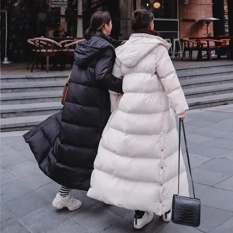 Winter Women's Long  Over The Knee Hooded Down Cotton Jacket Women's Down Jacket Loose Thick Long Down Coats Puffer Jacket Women