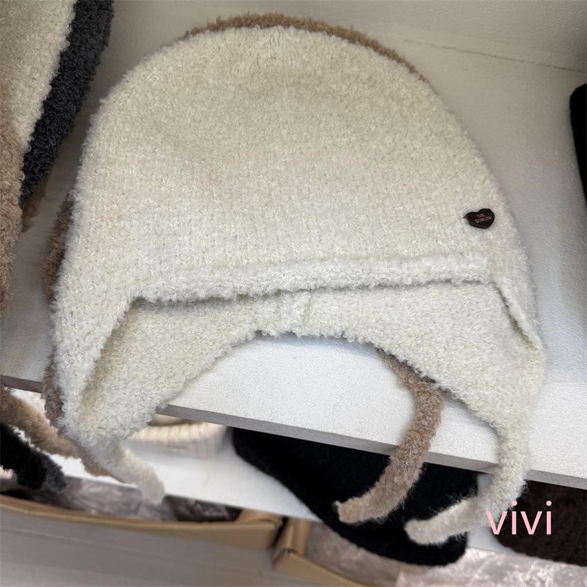 Soft waxy seam buckle small standard wool blended knitted ear protection hat autumn and winter versatile lace-up warm and cold-proof flying hat