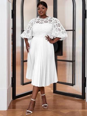 Elegant Women Formal Evening Party Dresses Pink Lace Hollow Out A-Line Pleated Gowns Slim Half Lantern Sleeve Celebration Events