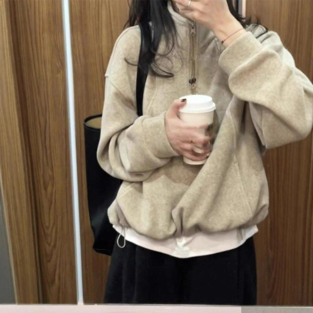 Women's Long Sleeve Sweatshirt Stand Collar Casual Pullover Top Half Zip Drawstring Loose Sweatshirt