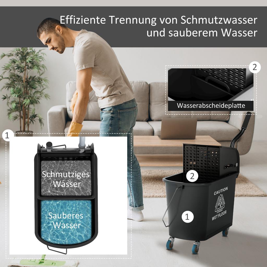 20L Kompakter Wischmopp-Eimer auf Rädern, mit Wasser-Trennplatte - Schwarz