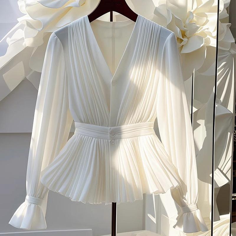 French Style V-neck Long-sleeved Top Niche Light Luxury High-end White Shirt for Women S белый