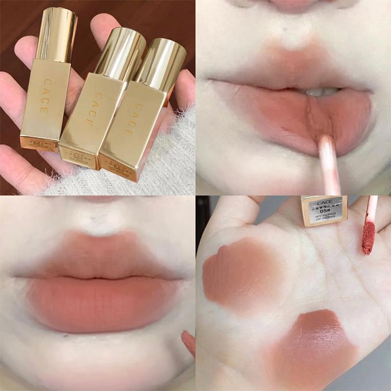 CACE Little Gold Tube Matte Lip Mud Soft Mist – Milk Coffee Shade for Natural, Versatile Color and Whitening Effect.