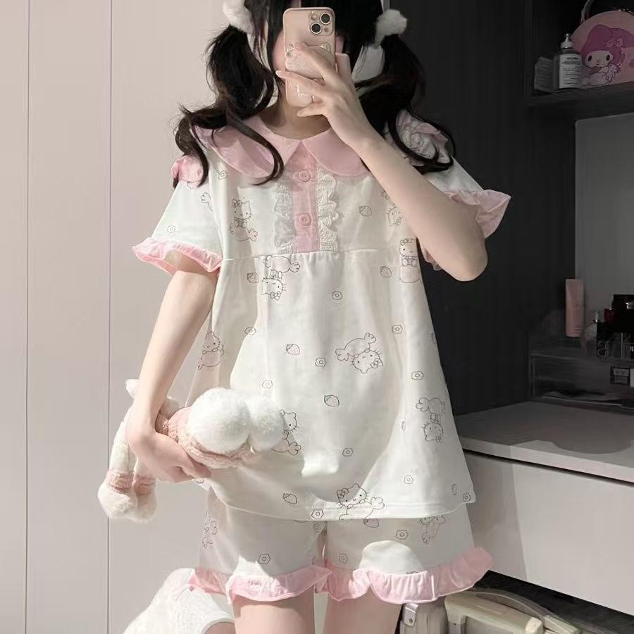 

Sweet ins wind Kitty cat pajamas women s summer short-sleeved shorts thin suit beautiful girl loungewear two-piece set s [recommended weight 35-40kg]