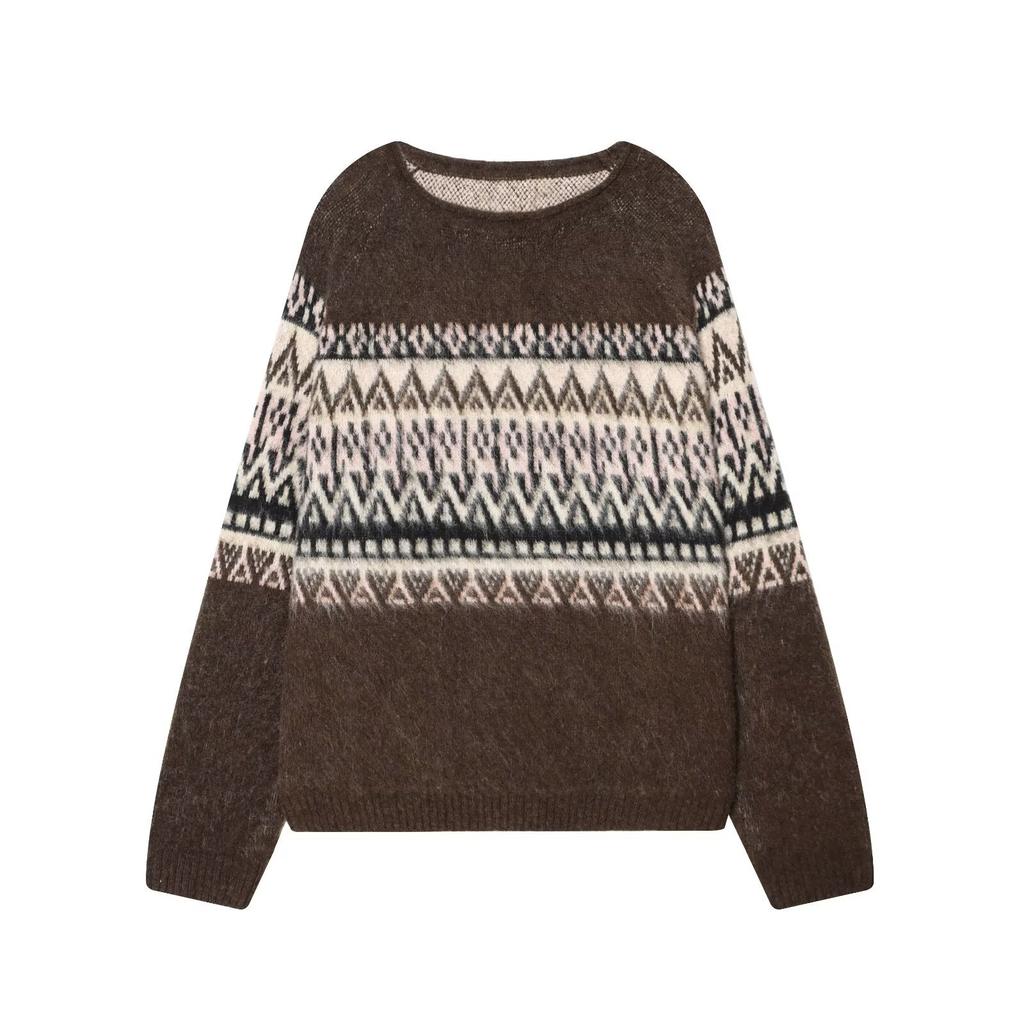 European and American style, new women's clothing, fashionable, versatile, simple color-rubbing effect jacquard knitted sweater