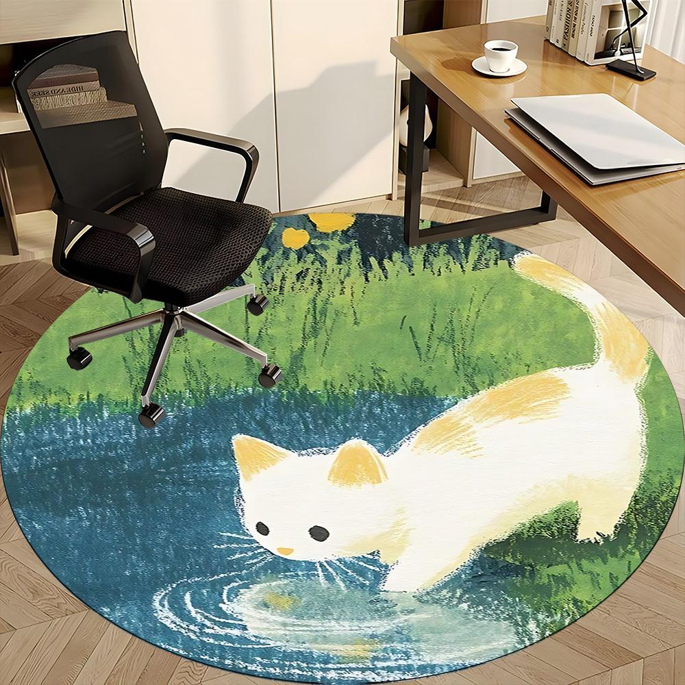 1PC Cat Pond Office Round Area Rug, Mat Suitable ForOffice, Under Office Chairs Bedroom Living Room Home Decor, Room Deco