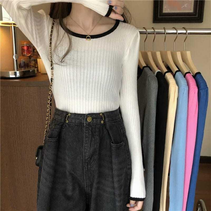 Autumn Korean Style Contrast Color Ribbed Long Sleeve Knitwear Women's Slim Fit Inner Base Layer Top