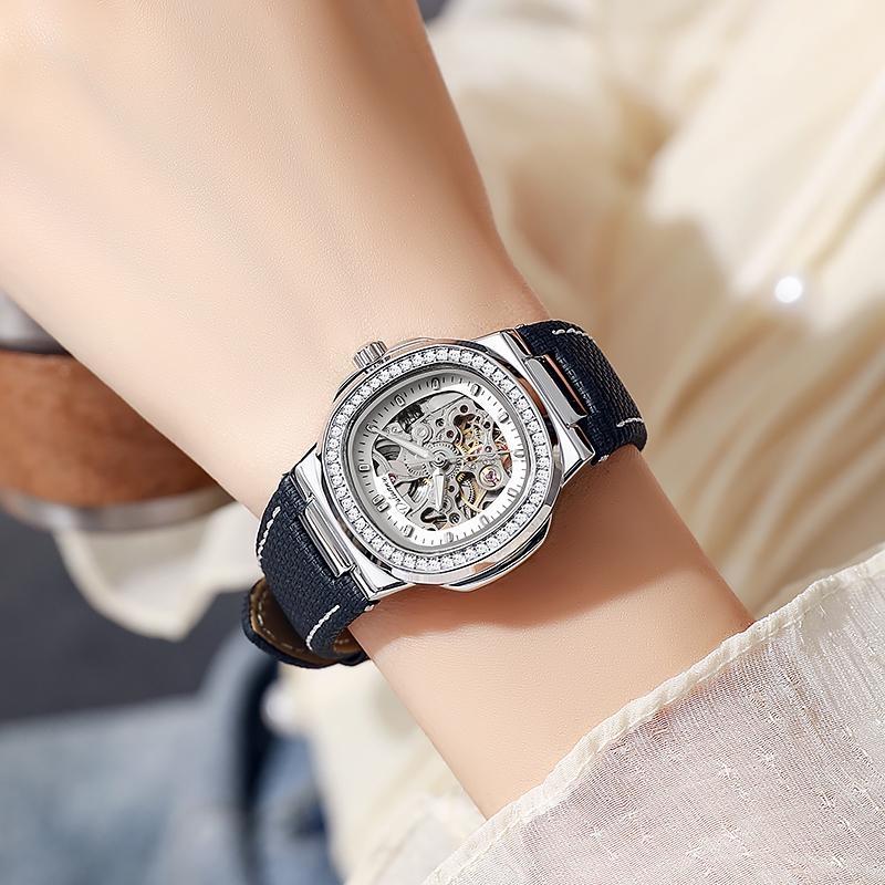 Skeleton Mechanical Watches Rose Gold Case Diamond Bezel Luminous Waterproof Fluororubber Strap Watch