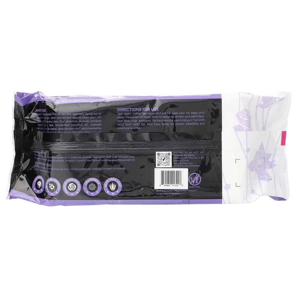 HICC Pet, Plant-Based Pet Wipes, for Dogs and Cats, Rose Essence, 100 Sheets