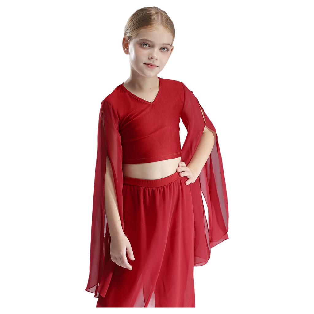 Girls Classical Dance Crop Top: V Neck Split Flared Sleeves Elegant Top for Practice Performance