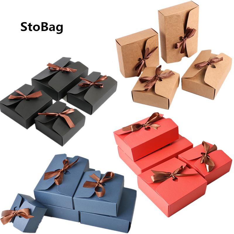 10Pcs Kraft Paper Gift Boxes With Bows For Nougat Handmade Biscuits Christmas Candy Packaging Baby Shower Party Supplies