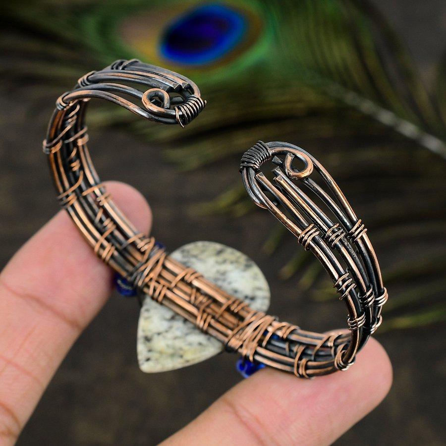 Natural K2 Azurite Gemstone Handmade Copper Wire Wrap Cuff Bangle Adj. p7G51