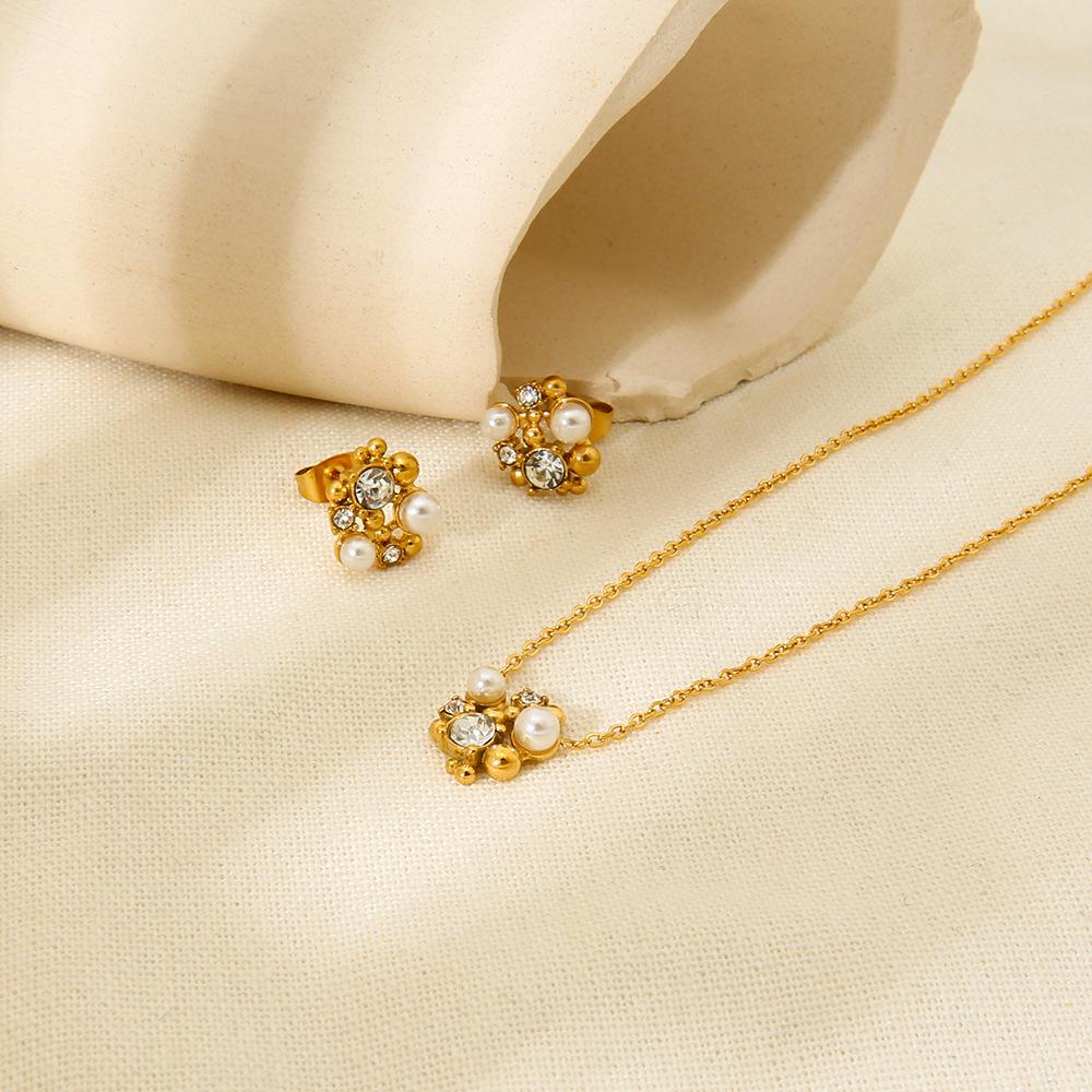 ins light luxury stainless steel special-shaped zircon imitation pearl flower pendant necklace plated with 18k gold stud earrings jewelry women