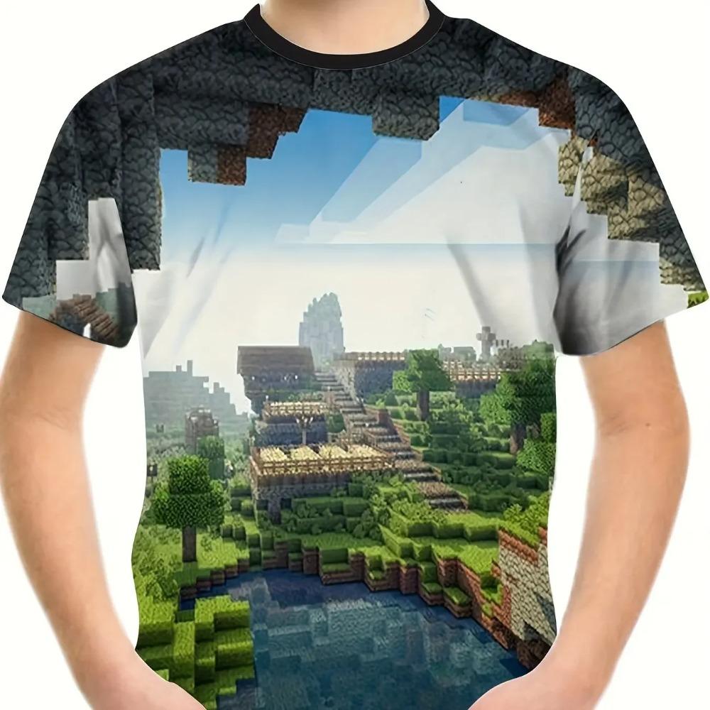 Children's Block Pattern 3D Digital Printed Boys' Fashion and Comfortable Round Neck Short Sleeved T-shirt