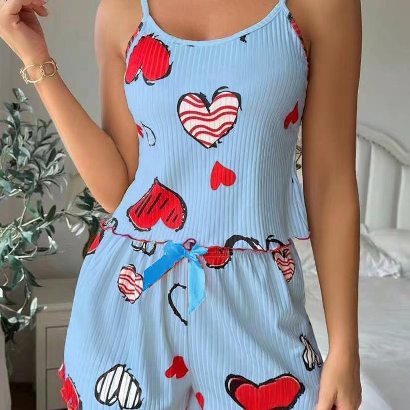 Women s Strawberry Print Camisole and Shorts Set - Casual Ribbed Loungewear for Indoors or Outdoors in European American Style.