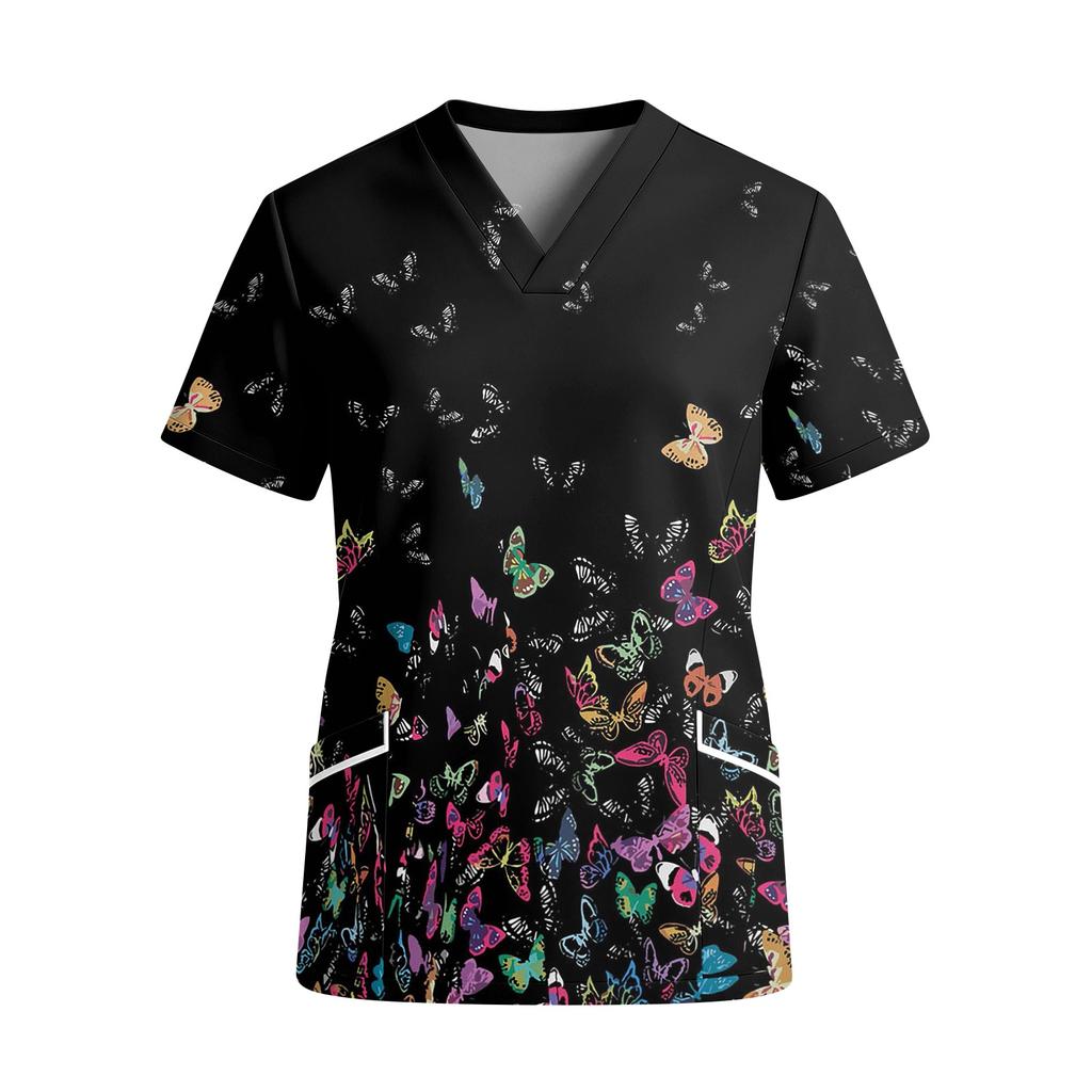 Women’s V Neck Short Sleeve Printed Work Top with Pockets Cute Animal and Heart Pattern Comfortable Fit Scrub Shirt