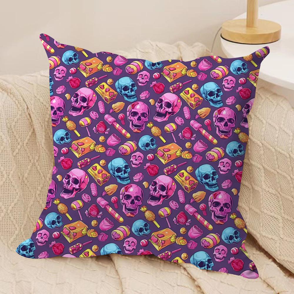 Horror Skull Print Cushion Cover Silky Short Plush DoubleSided Printed Pillow Case for Sofa All Seasons Home Decor Gift