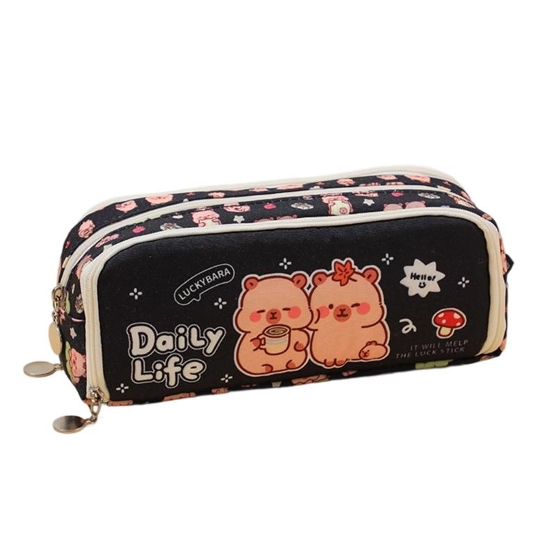 Cartoon Pencil Case Multi Compartments Canvas Pencils Bag Portable Pen Organiser Travel Cosmetic Bag for Student Women