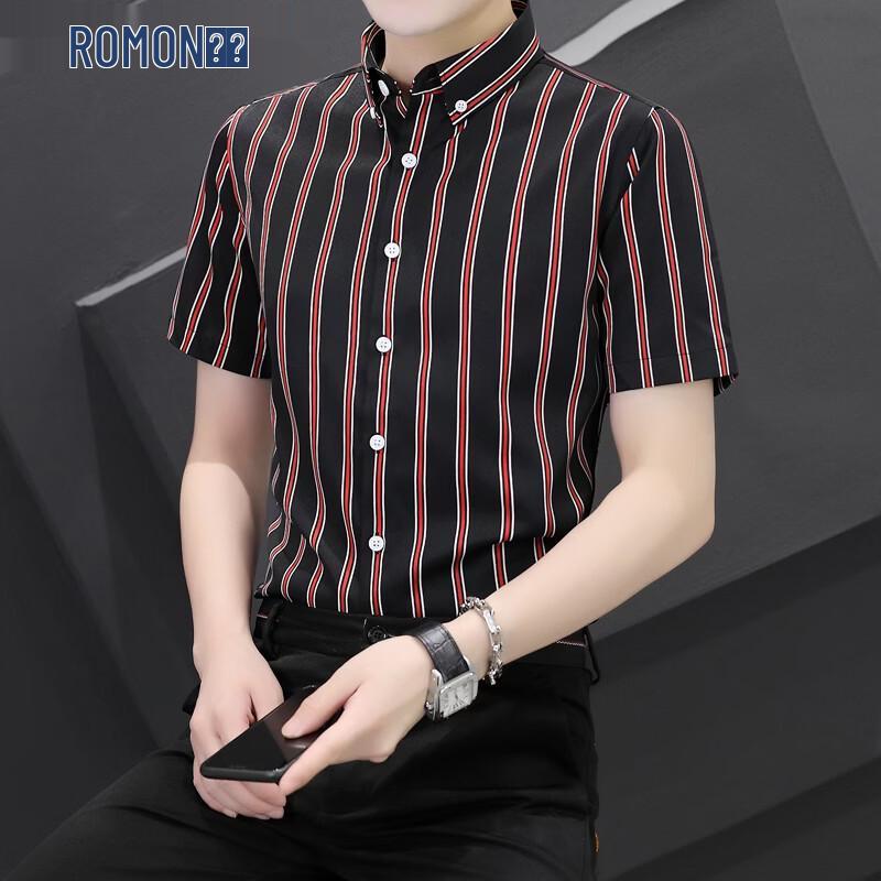 ROMON Men s Elastic Ice Silk Striped Casual Short Sleeve Shirt 2XL