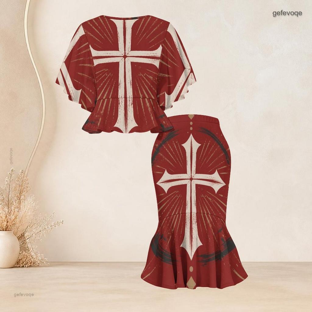 Women Plus Size Red Printed Two Piece Set Round Neck Batwing Sleeve Ruffle Hem Top Fishtail Skirt