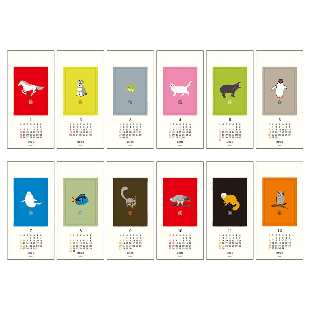 Midori 2026 Wall Echizen Washi Animal 31385006 Calendar, Paper, Small, Pattern,