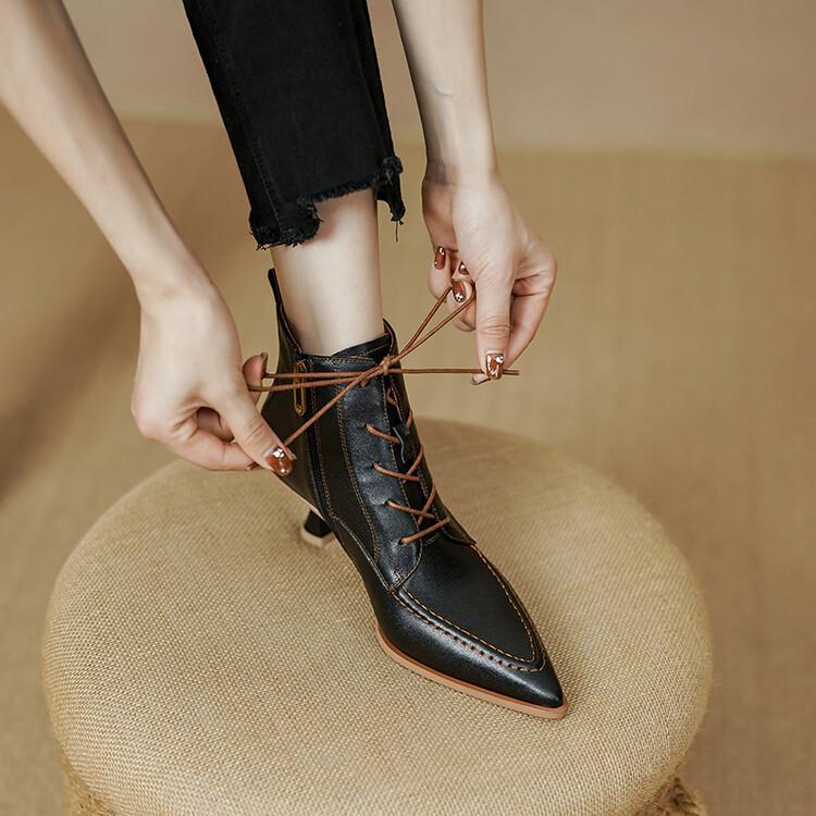 

Мода 2025 Осень Зима Мода Остроносые Женские Туфли Французский Ретро Натуральная Кожа Ботильоны для Женщин Ботинки на Тонком Каблуке Обувь Женская 40