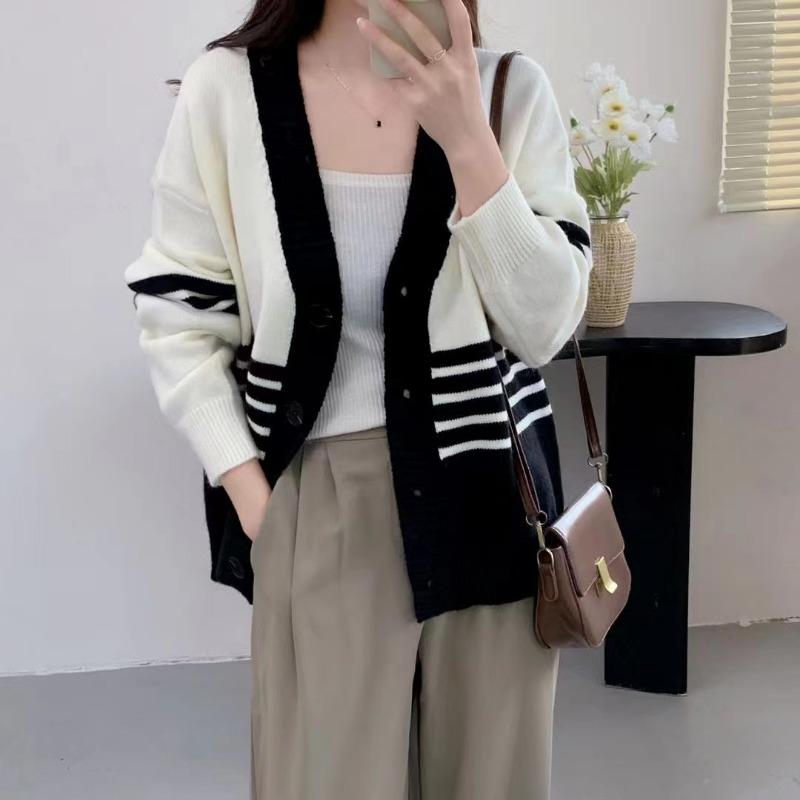 Autumn and Winter Lazy Wind Loose Sweater Cardigan Women's New Striped V-neck Knitted Jacket Versatile Casual Top
