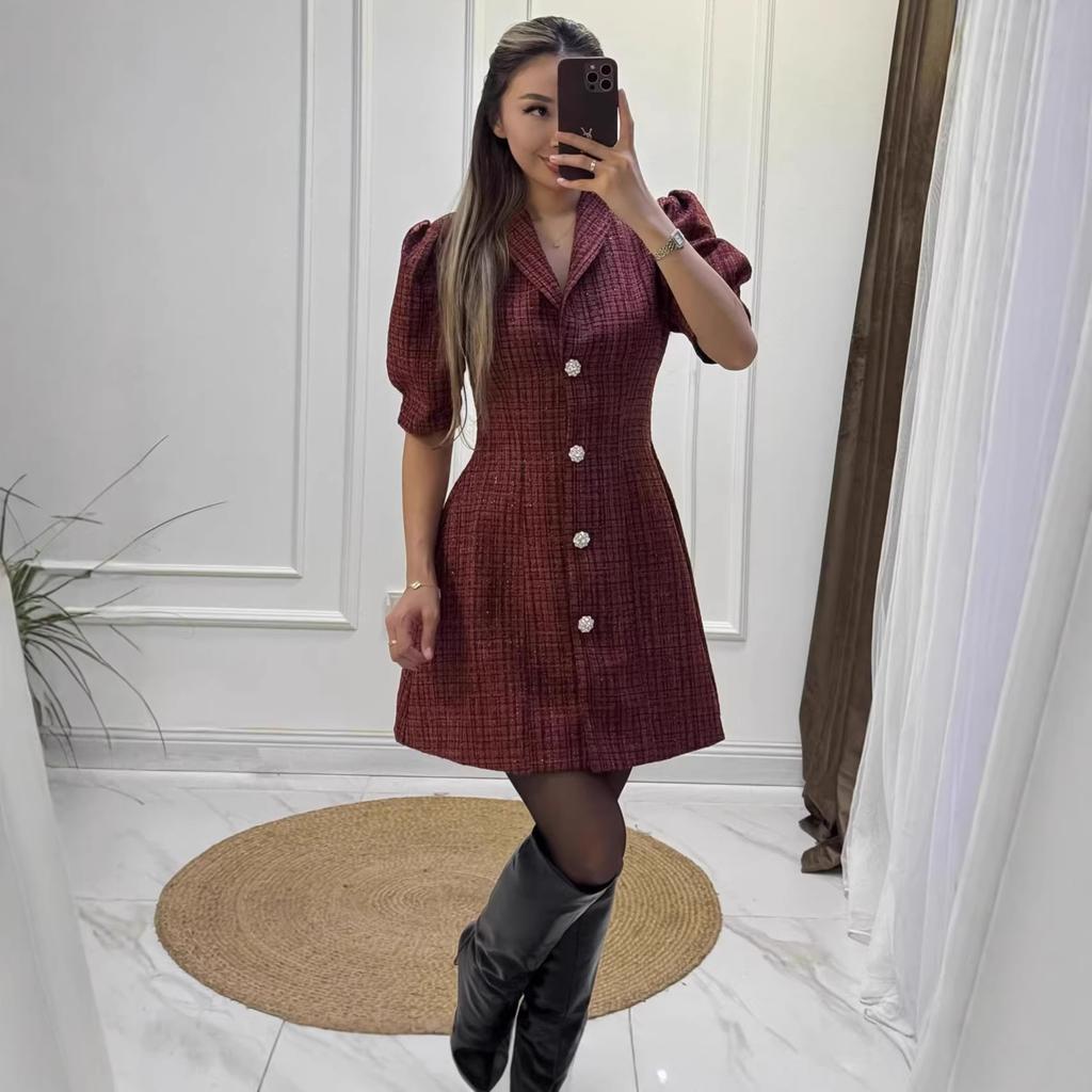 Navy Blue Tweed Blazer Collar Bubble Sleeve Dress with White Buttons