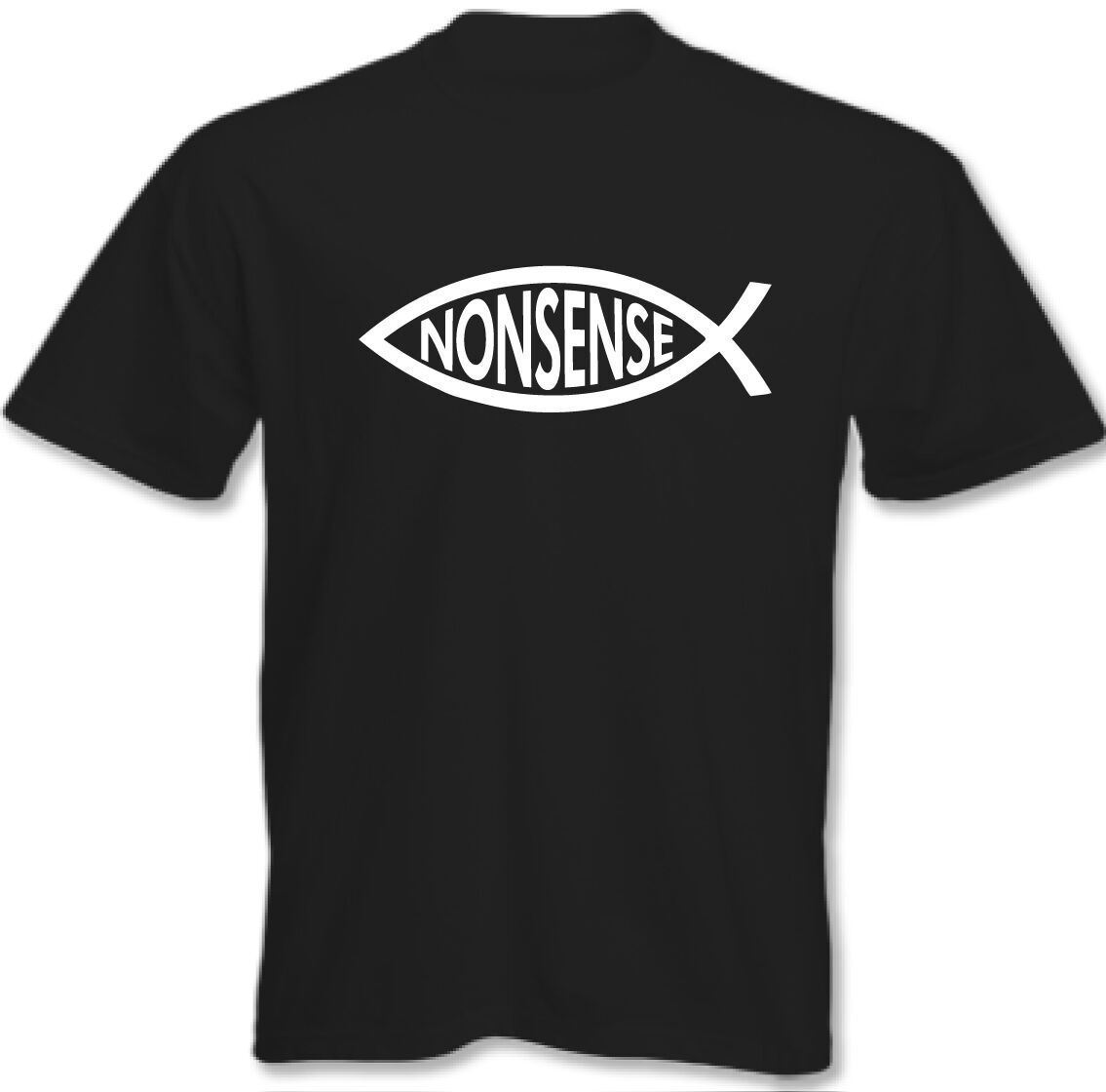 Atheist T-Shirt Darwin Fish Nonsense Mens Funny Atheism Evolution Tee Top L