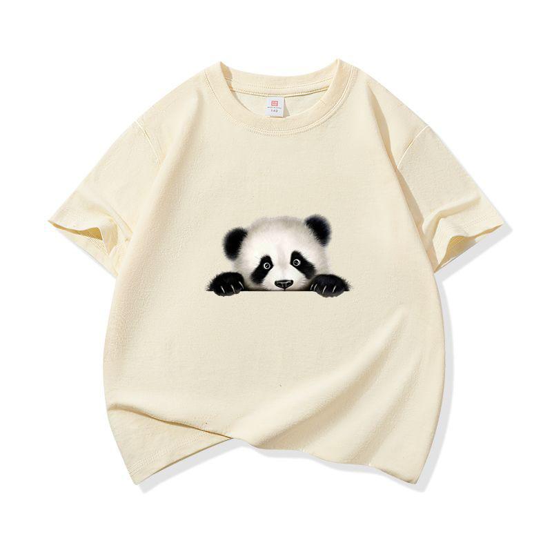 Kids Cotton T Shirt Cute Peeking Panda Print Crew Neck Short Sleeve Tee Casual Breathable Boys Girls Summer Tops