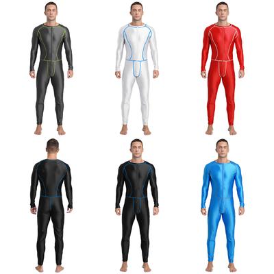 Men’s Flat Seam Performance Bodysuit S-3XL: Shiny Skinny Jumpsuit with Front Zip, Long Sleeves & Pants for Gym & Swim