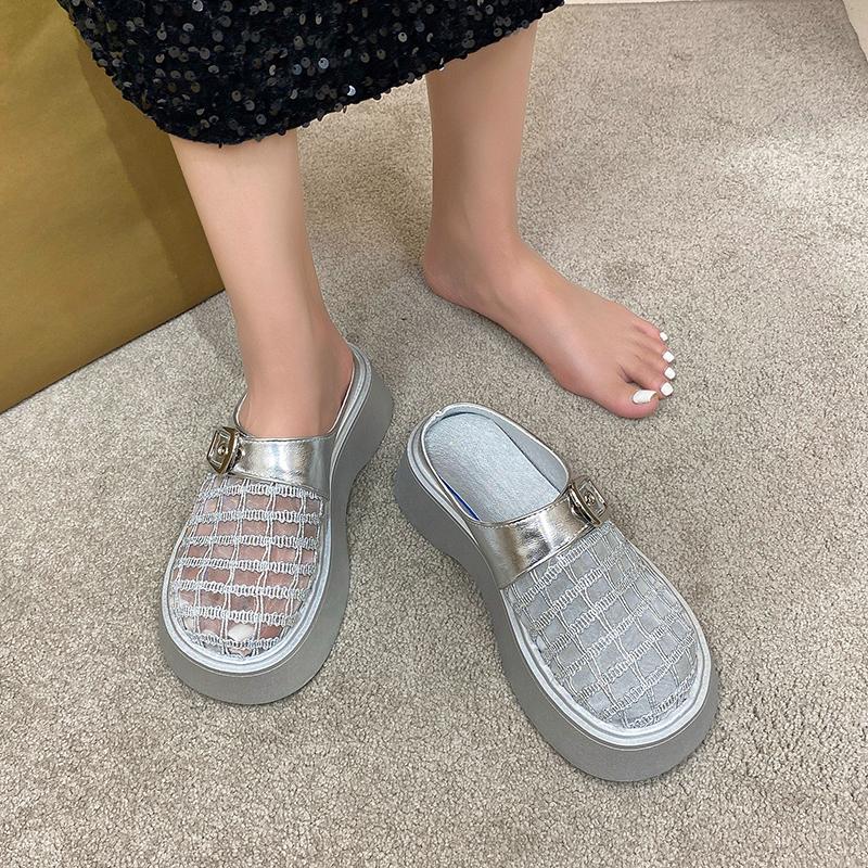 Fashion Slope Slippers Summer New Round Head Deep Mouth Mesh Cloth Rivets Metal Buckle Waterproof Platform Non-slip High Heels