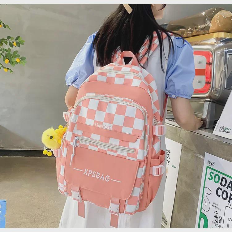 Korejský styl kostkovaný batohový set pro studenty a cestování