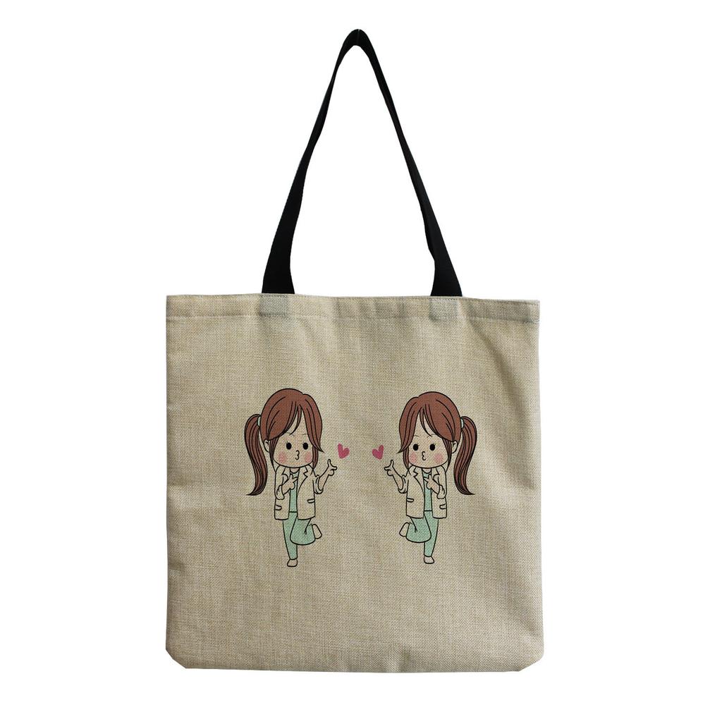 Damen Vintage Leinen-Tragetasche - Große Kapazität Krankenschwester-Print Schulter-Handtasche für Freizeit & Lebensmitteleinkauf KTB