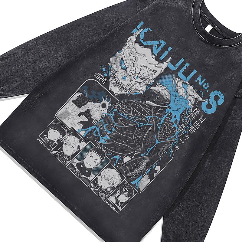 Dark Cartoon Digital Direct Injection Printing Washed Long-Sleeved T-Shirt For Men And Women American Retro Crew Neck Sweater