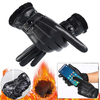 Men Winter Full Finger Gloves PU Leather Protection Riding Gloves Non-slip Touch Screen Gloves Adjustable Button for Outdoor