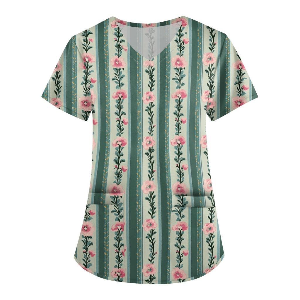 Süße bedruckte Arbeitskleidung für Damen, V-Ausschnitt, doppellagige Taschen, Basic, kurzärmeliges Oberteil, Pullover, Valentinstag