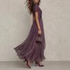 Vestido Midi de Gaze Roxa com Gola Alta, Detalhe em Renda e Cinto de Cetim