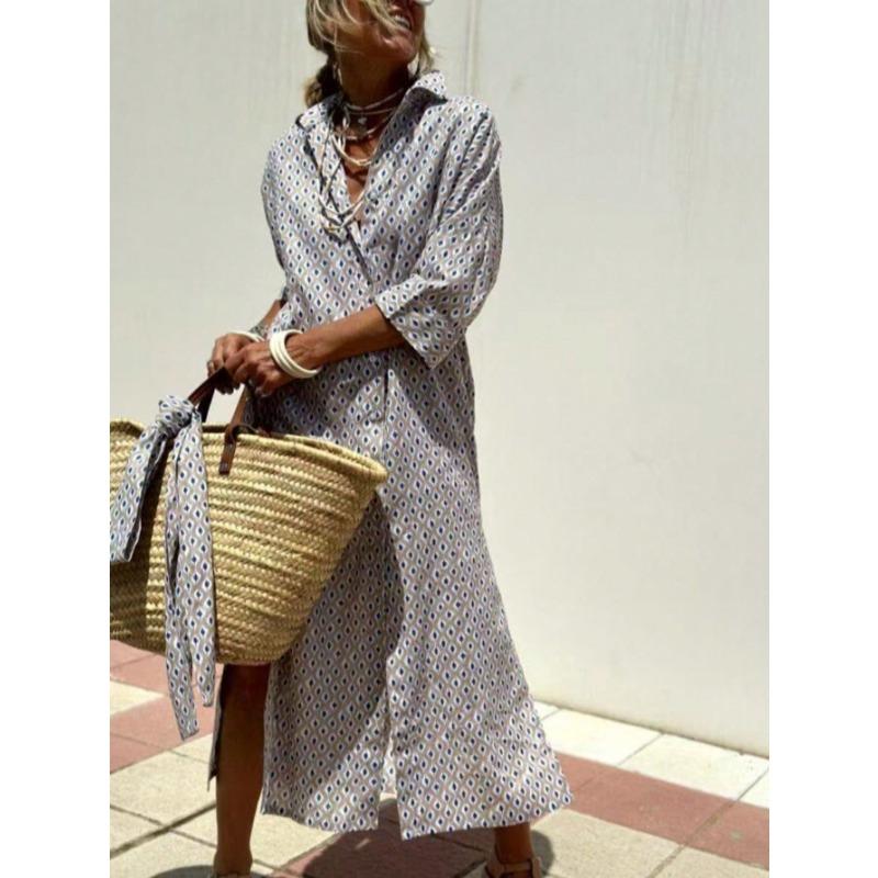 A New Women's Five-sleeved Striped Cardigan with A Lapel Shirt Dress