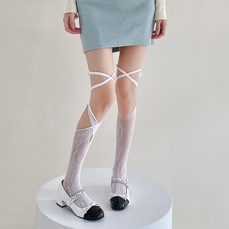 

Asymmetrical Jk Socks Women S Japanese Lolita Long Tube Fishnet Socks Hollow Thin Irregular Strap Calf Socks Women One size fits all белый