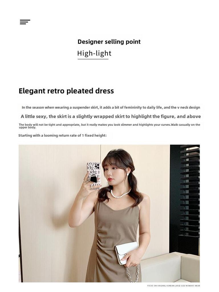 2024 Plus Size Women's Pleated Slit Midi Slip Dress