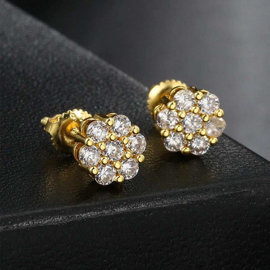 Ribbed Copper Zircon Flower Stud Earrings with Full Diamonds - High-End Hip Hop Style for Women