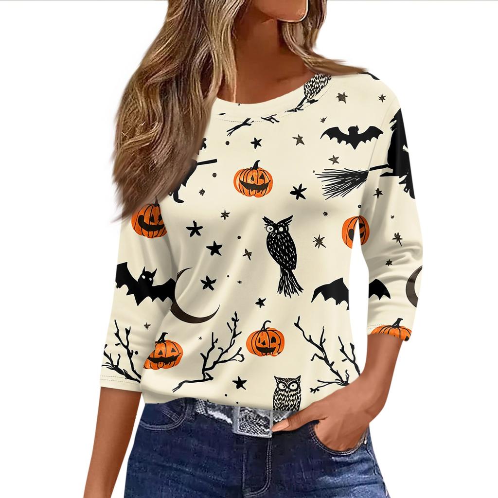 Women's Halloween Print 3/4 Sleeve Loose Fit Casual T-Shirt Round Neck Comfortable Top for Everyday Wear