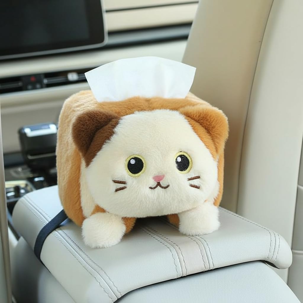 Drivers Cute Plush Animal Car Tissue Box Holder, Vehicle Console Napkin Dispenser, Secure Strap, Easy Refill, Tidy Ride, All-Season