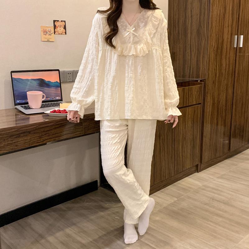 

Пижама женская из креп-жатки с кружевом в японском стиле - Весенняя с длинным рукавом однотонная L 155-165CM 50-60 kg