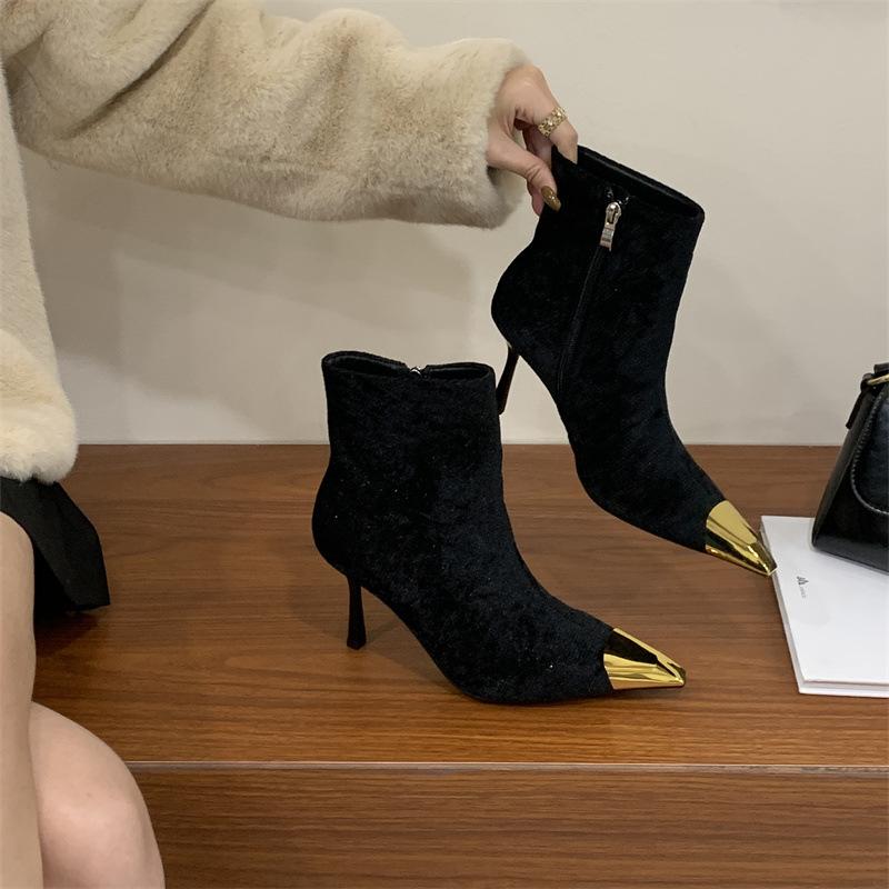 2025 Sexy Velvet Short Boots Autumn and Winter New Metal Head Splicing Thin High Heel with Skirt Temperament Short Boots Thin Boots